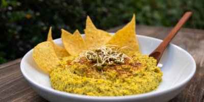 Golden Sprouted Hummus recipe, made with sprouted mung beans & turmeric