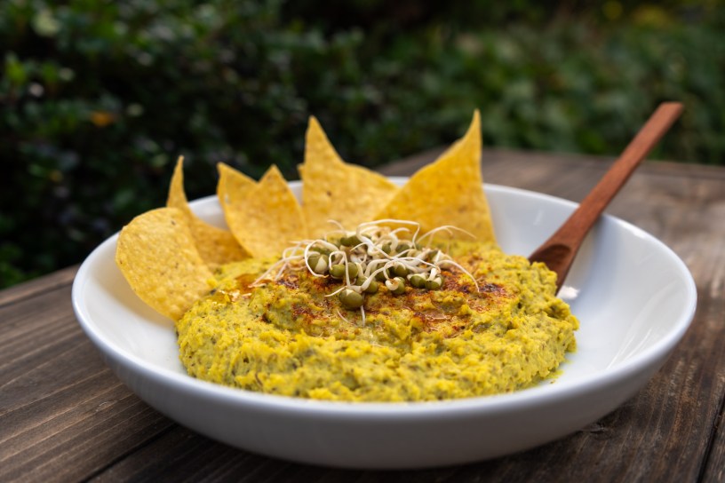 Golden Sprouted Hummus recipe, made with sprouted mung beans & turmeric